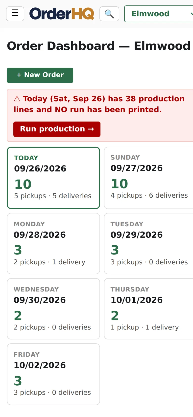 The order dashboard on a phone: today and the next six days, with pickups and deliveries counted