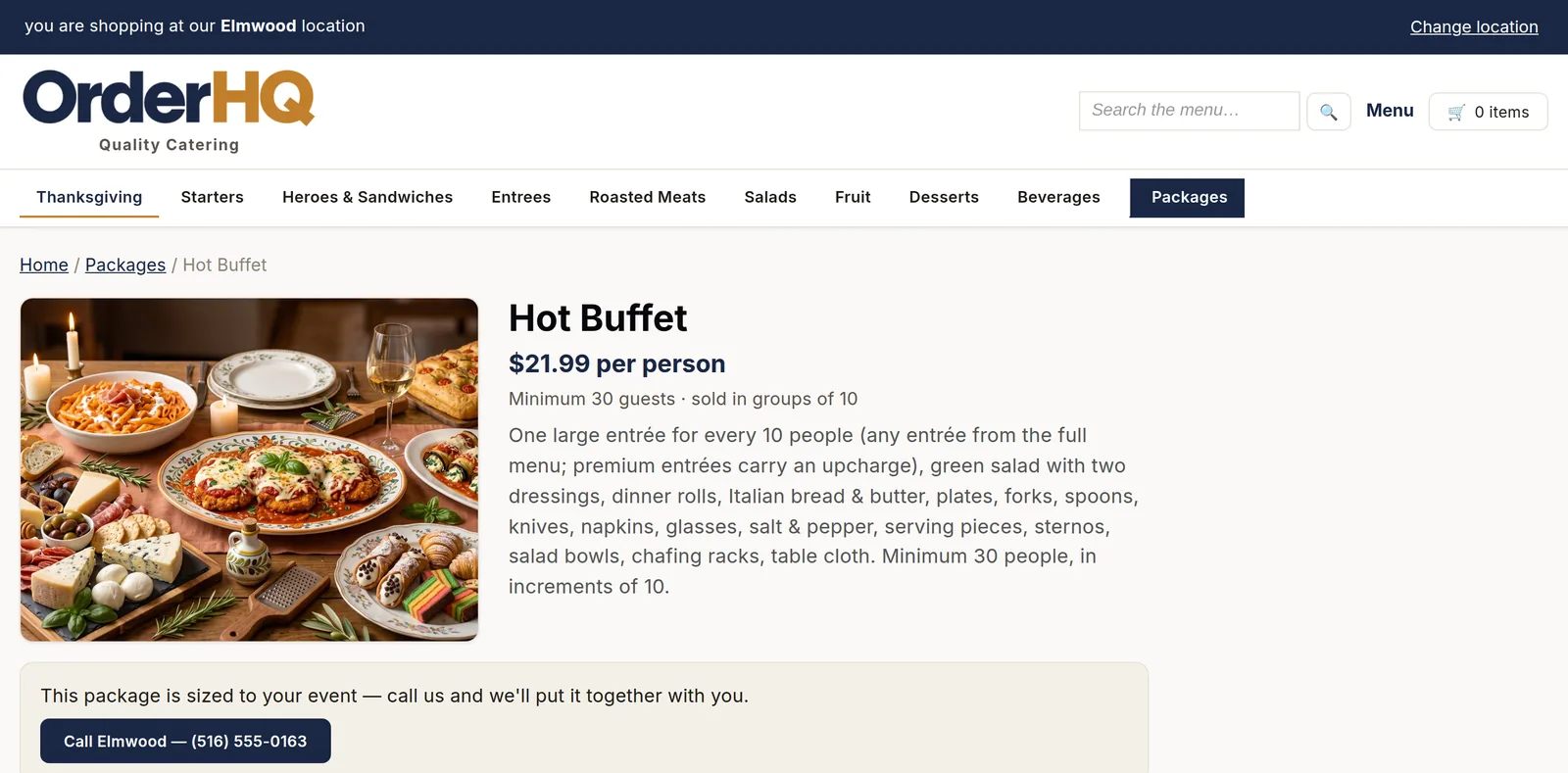 A Hot Buffet package page on the ordering site: $21.99 per person, minimum 30 guests, sold in groups of 10, with everything that comes with it listed