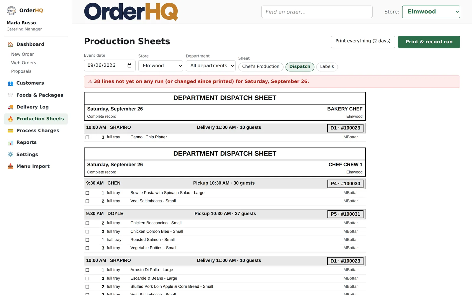 Production sheets for a Saturday: a dispatch sheet per department, each order's trays listed with pickup or delivery time