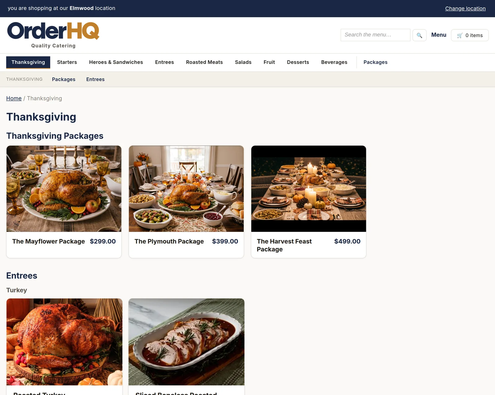 The Thanksgiving page: three holiday packages at $299, $399 and $499, then the turkeys