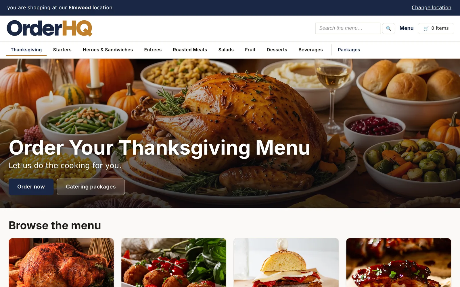 A branded ordering site: the store's Thanksgiving banner, then the menu categories with photos